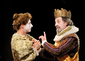 Oliver Millingham and David Collins as The Player Queen and King in Hamlet, by Graham Burke